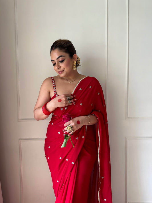 Red Romance Heart Georgette Saree - Ensembles