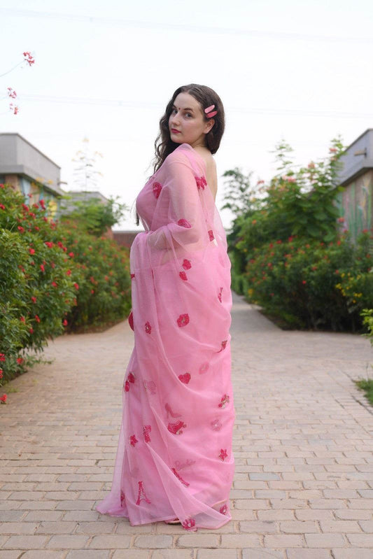 Barbie Dreams Flamingo Pink Pure Silk Organza Saree - Ensembles