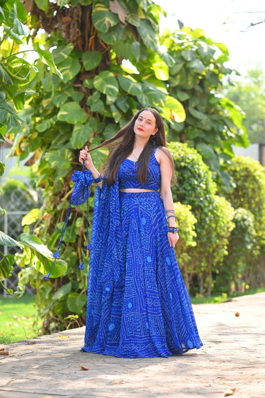 Blue Bandhej Print Lehenga - Ensembles