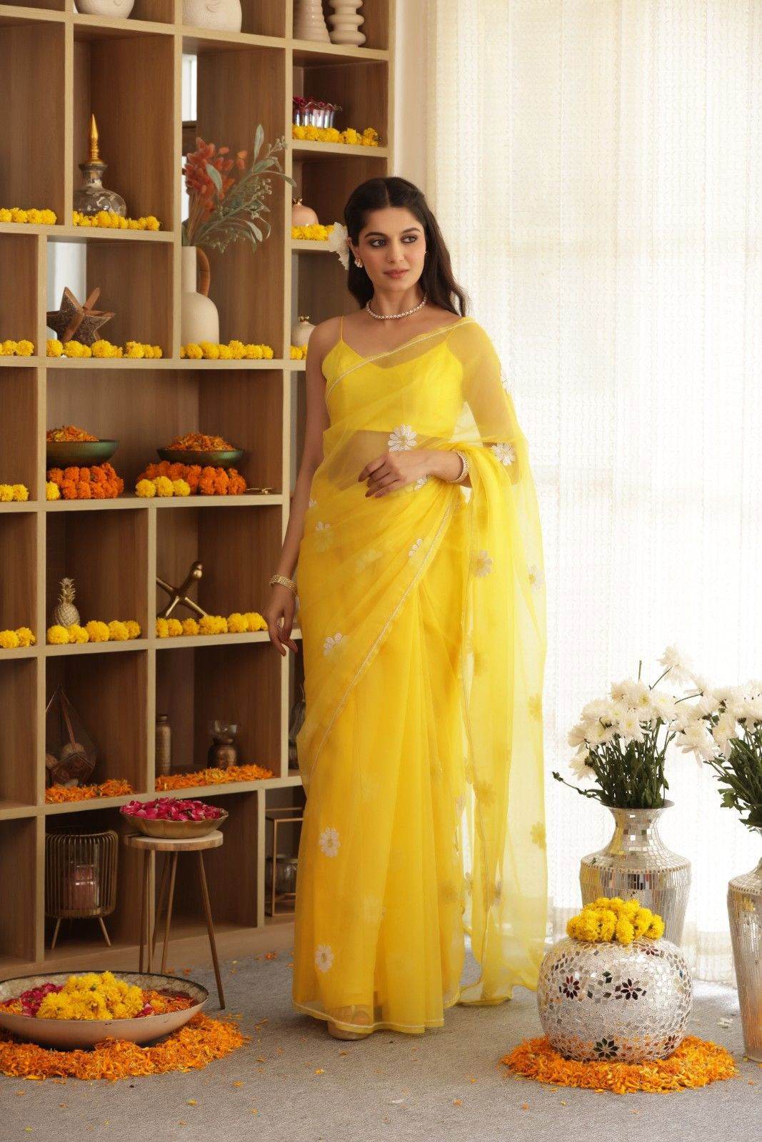 Daisy Yellow Hand-Embroidered Silk Organza Saree - Ensembles