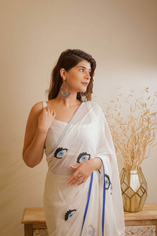 Evil Eye White Pure Georgette Saree - Ensembles