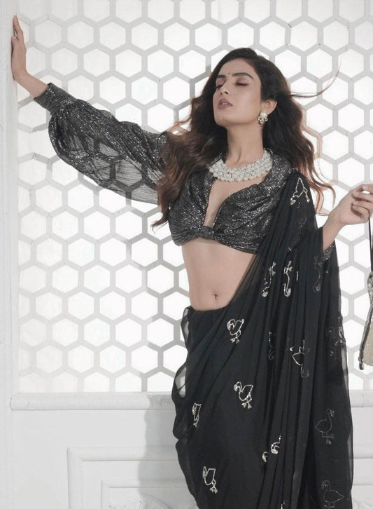 Flamingo Black Chiffon Saree - Ensembles