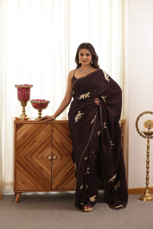 Leopard Hand-Embroidered Upada Silk Saree - Ensembles