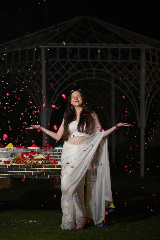 Multi Line White Chiffon Saree - Ensembles