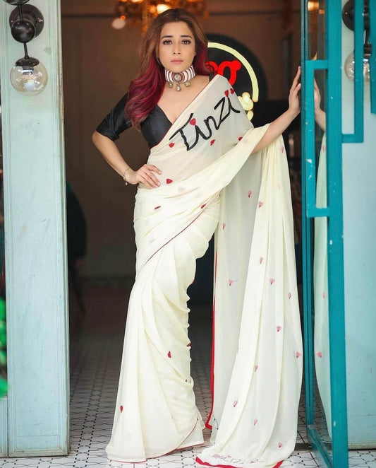 Name on Saree - Ivory Georgette Saree - Ensembles