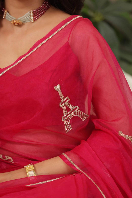 Paris Love Hand-Embroidered Silk Organza Saree - Ensembles