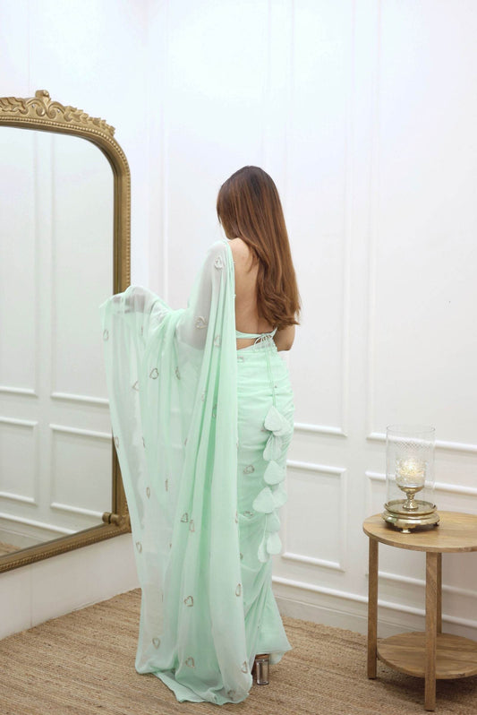 Pastel Green Heart Georgette Saree - Ensembles