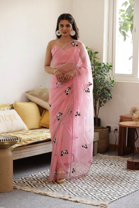 Pink Panda Hand-Embroidered Silk Organza Saree - Ensembles