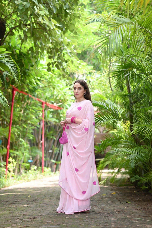 Pink on Pink Heart Georgette Saree - Ensembles