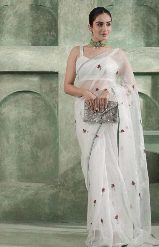 Rose White Organza Saree - Ensembles