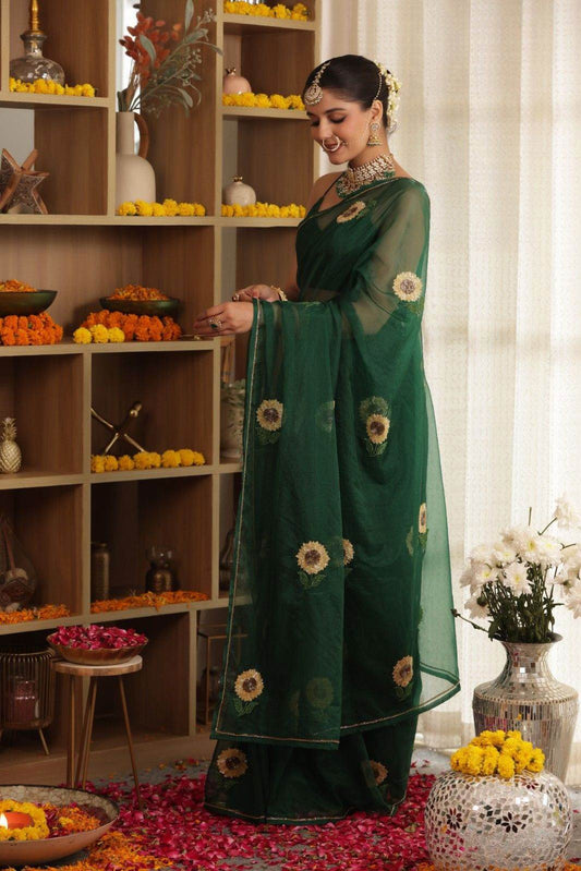 Sunflower Hand-Embroidered Silk Organza Saree - Ensembles