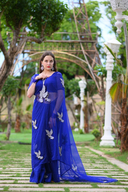 Florance Royal Blue Pure Silk Organza Saree - Ensembles