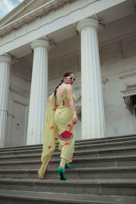 Watermelon Olive Green Georgette Saree - Ensembles