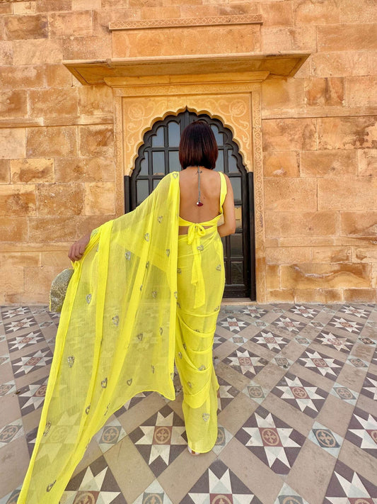Yellow Silver Heart Chiffon Saree - Ensembles