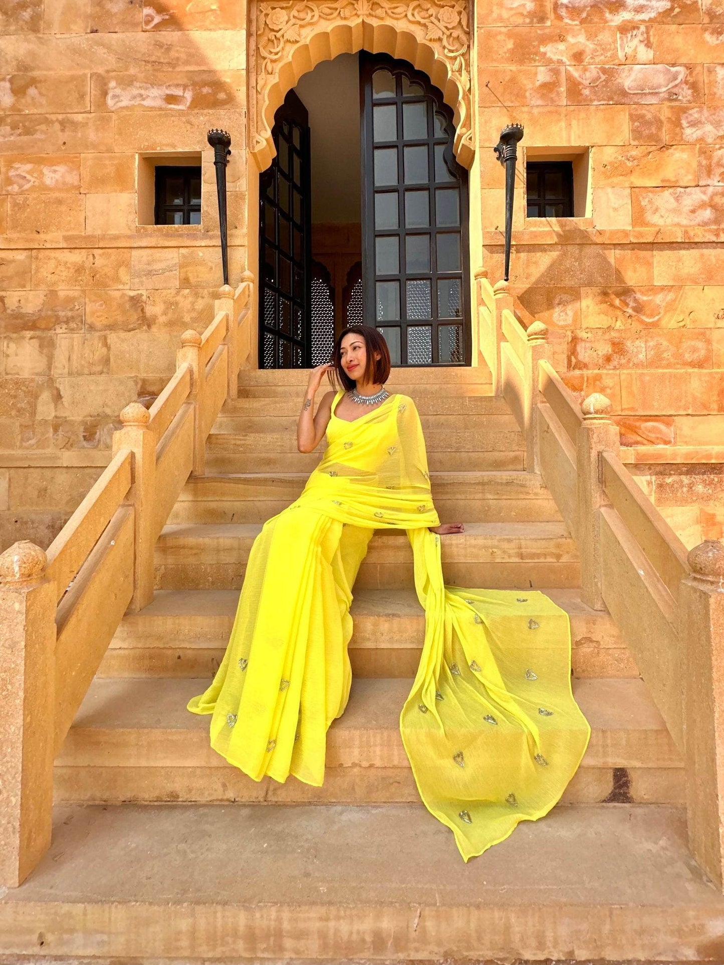 Yellow Silver Heart Chiffon Saree - Ensembles