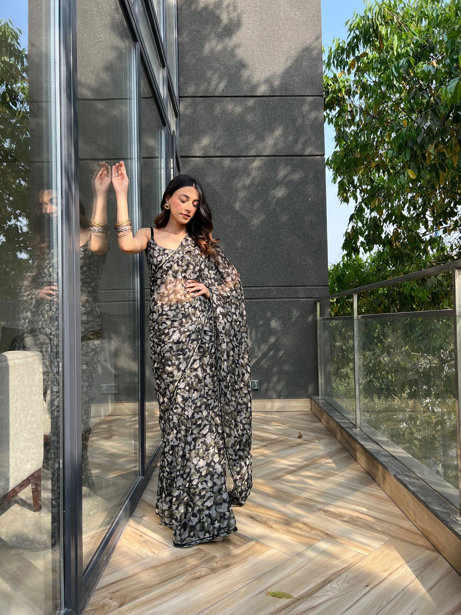 Army Print Chiffon Saree - Ensembles
