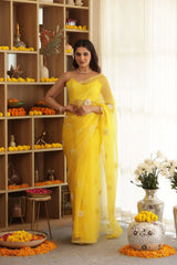 Daisy Yellow Hand-Embroidered Silk Organza Saree - Ensembles