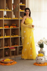 Daisy Yellow Hand-Embroidered Silk Organza Saree - Ensembles
