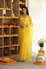 Daisy Yellow Hand-Embroidered Silk Organza Saree - Ensembles