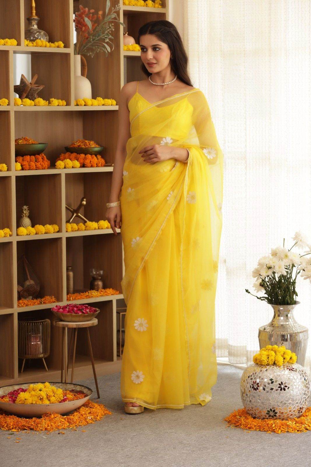 Daisy Yellow Hand-Embroidered Silk Organza Saree - Ensembles
