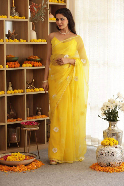 Daisy Yellow Hand-Embroidered Silk Organza Saree - Ensembles