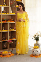 Daisy Yellow Hand-Embroidered Silk Organza Saree - Ensembles