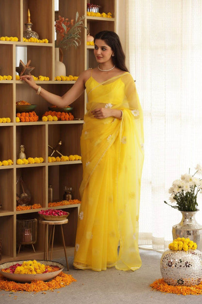Daisy Yellow Hand-Embroidered Silk Organza Saree - Ensembles