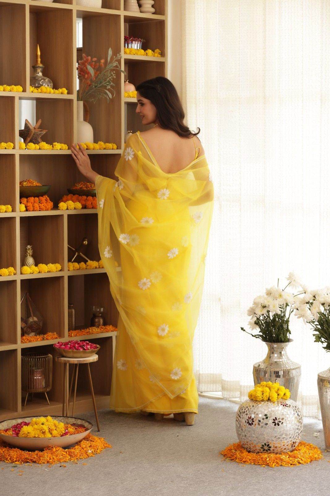 Daisy Yellow Hand-Embroidered Silk Organza Saree - Ensembles