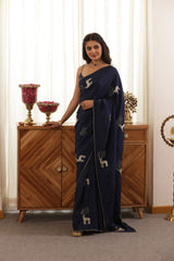 Deer Blue Hand-Embroidered Upada Silk Saree - Ensembles