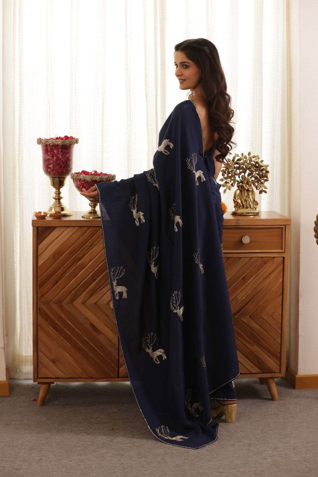 Deer Blue Hand-Embroidered Upada Silk Saree - Ensembles
