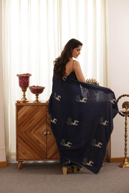 Deer Blue Hand-Embroidered Upada Silk Saree - Ensembles