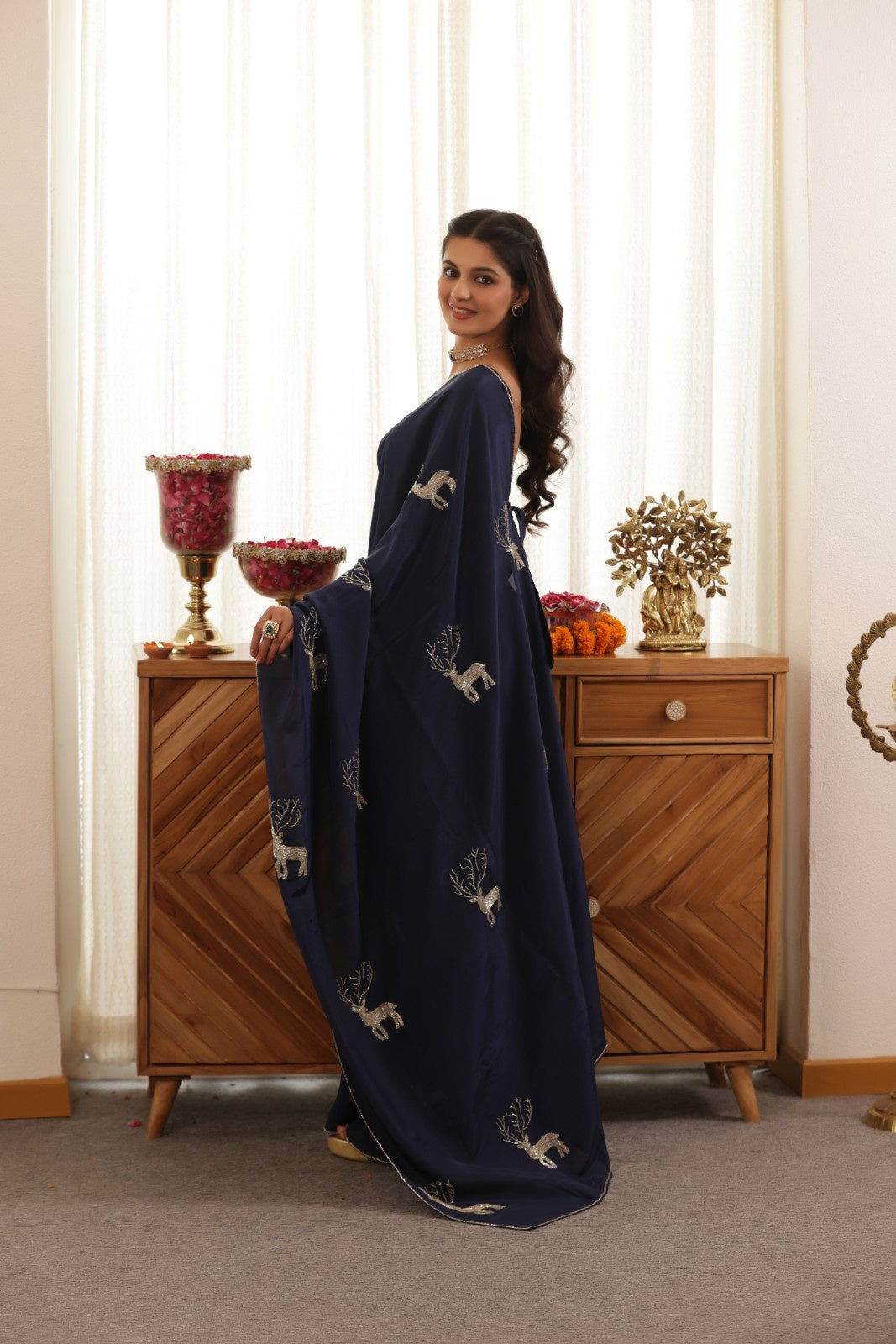 Deer Blue Hand-Embroidered Upada Silk Saree - Ensembles