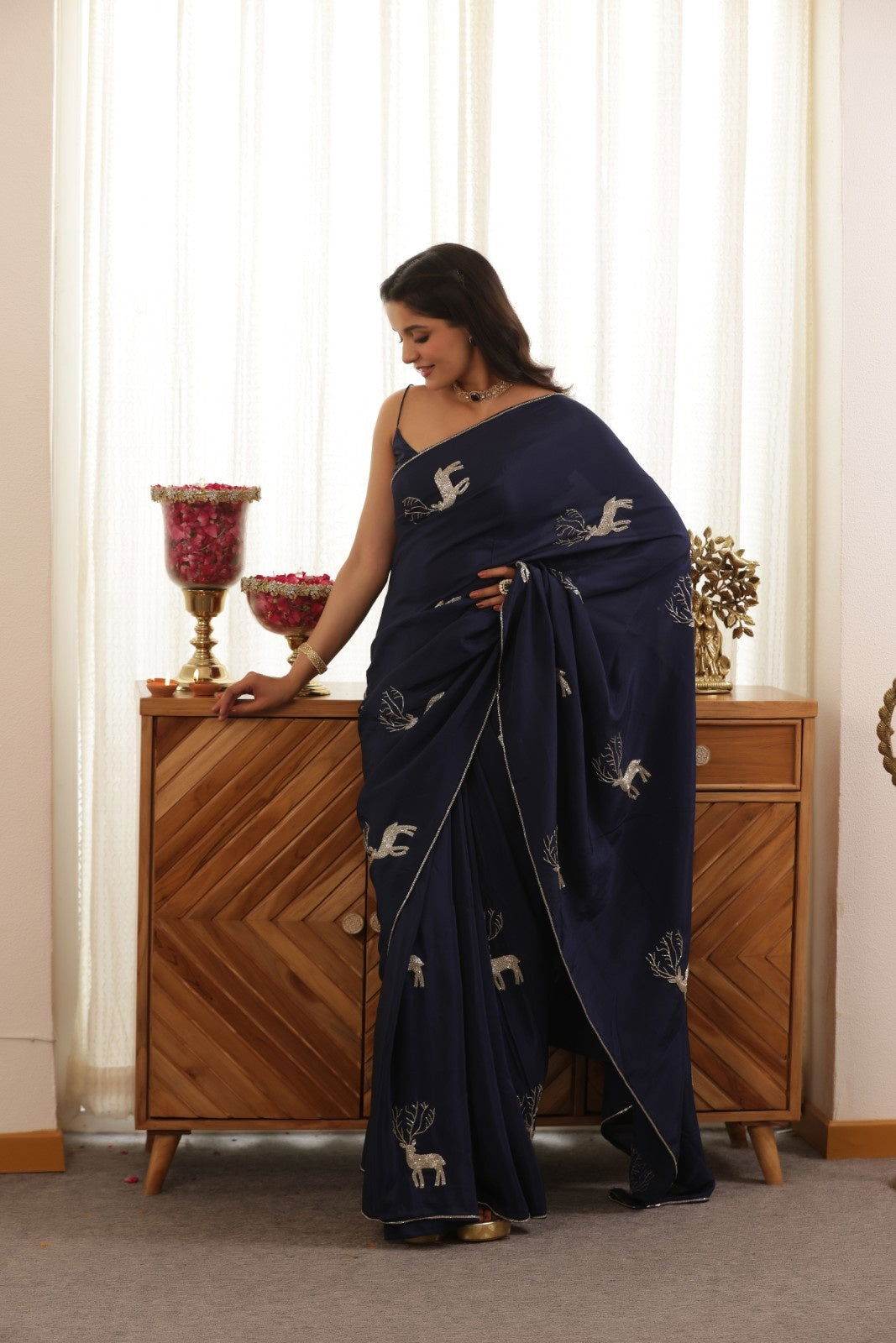 Deer Blue Hand-Embroidered Upada Silk Saree - Ensembles