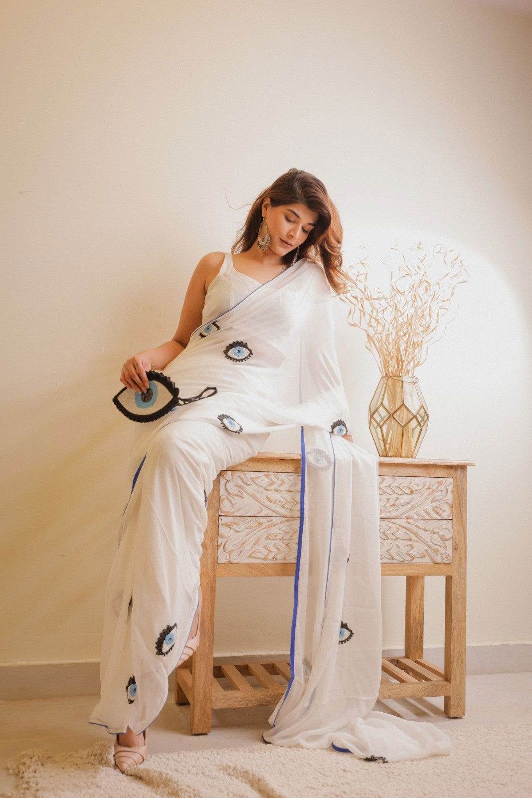 Evil Eye White Pure Georgette Saree - Ensembles