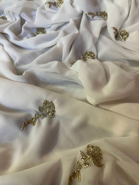 Gold Rose White Saree - Ensembles