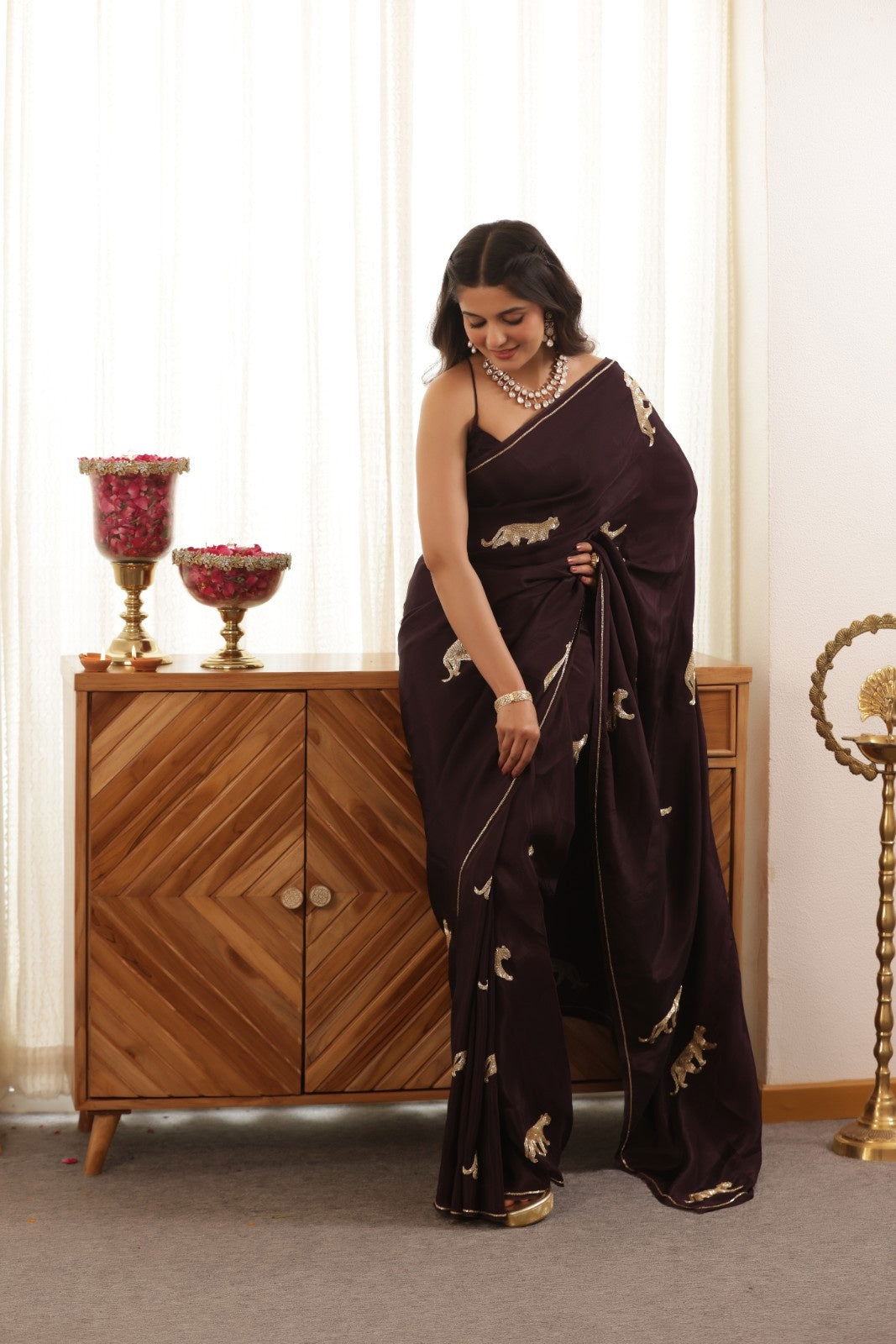 Leopard Hand-Embroidered Upada Silk Saree - Ensembles