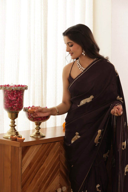 Leopard Hand-Embroidered Upada Silk Saree - Ensembles