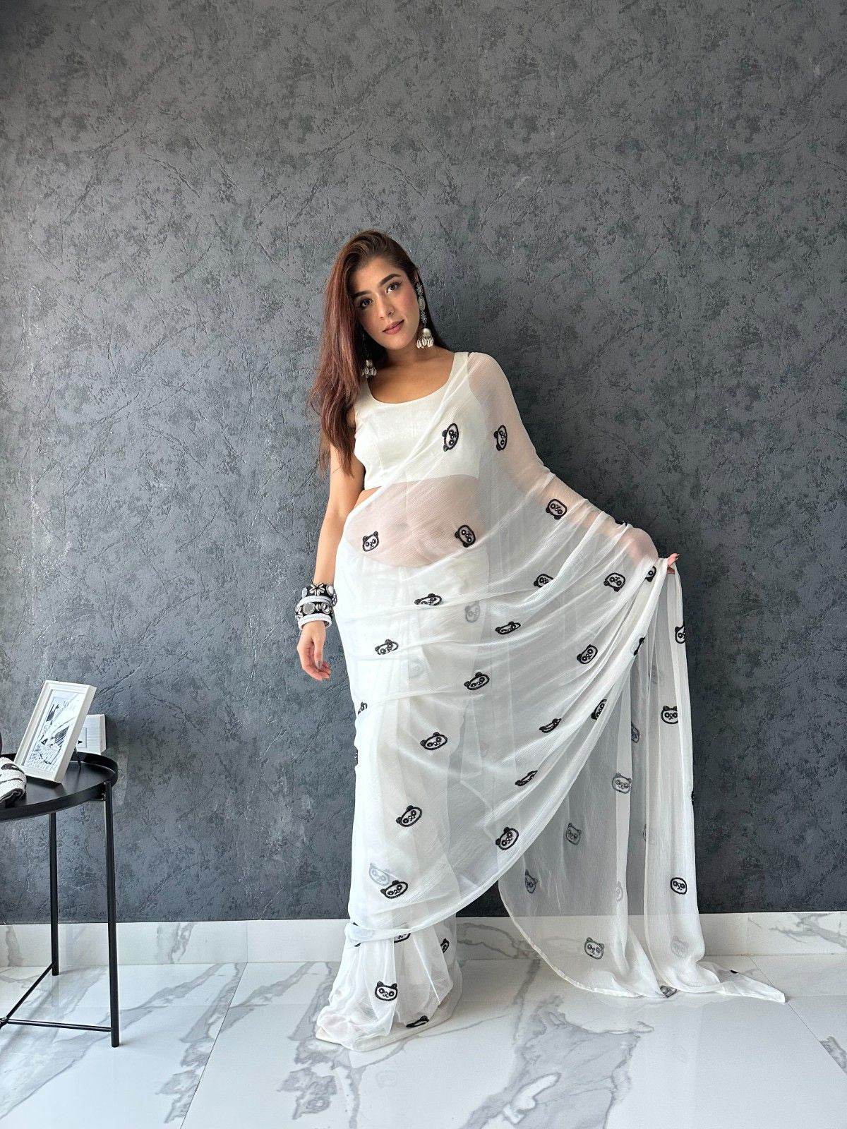 Panda White Pure Chiffon Saree - Ensembles