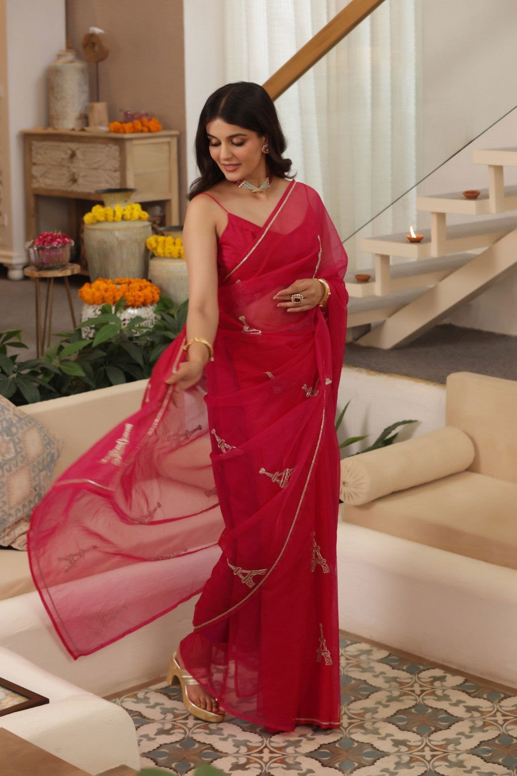 Paris Love Hand-Embroidered Silk Organza Saree - Ensembles