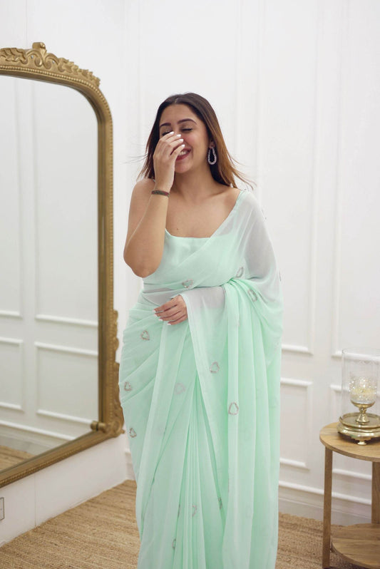 Pastel Green Heart Georgette Saree - Ensembles