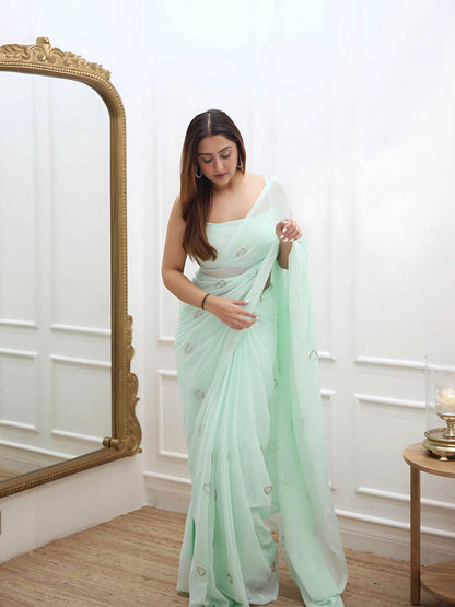 Pastel Green Heart Georgette Saree - Ensembles