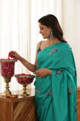 Peacock Green Hand-Embroidered Upada Silk Saree - Ensembles