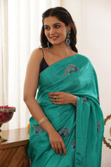 Peacock Green Hand-Embroidered Upada Silk Saree - Ensembles