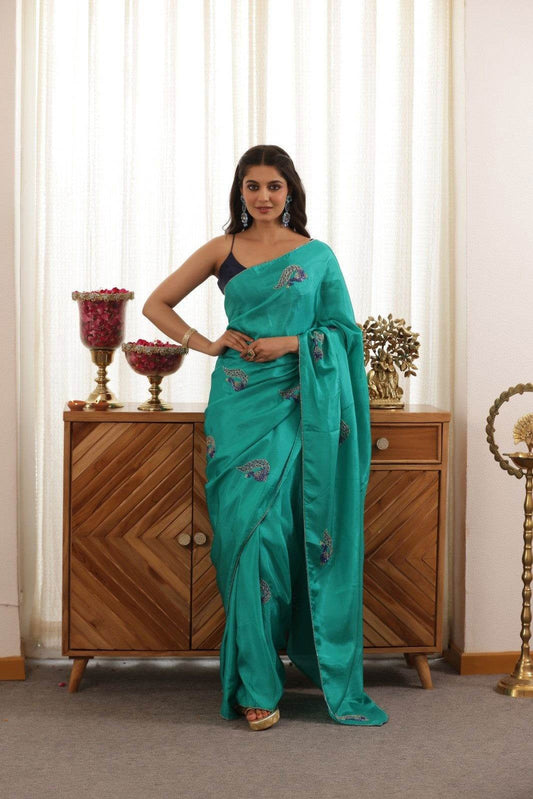 Peacock Green Hand-Embroidered Upada Silk Saree - Ensembles