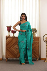 Peacock Green Hand-Embroidered Upada Silk Saree - Ensembles