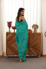 Peacock Green Hand-Embroidered Upada Silk Saree - Ensembles