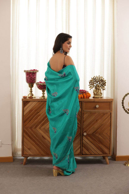 Peacock Green Hand-Embroidered Upada Silk Saree - Ensembles