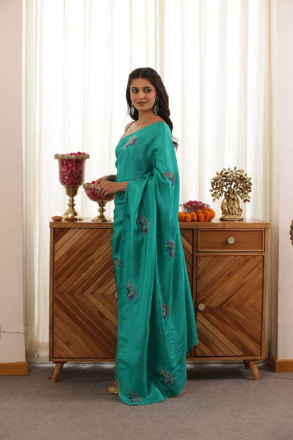 Peacock Green Hand-Embroidered Upada Silk Saree - Ensembles