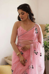 Pink Panda Hand-Embroidered Silk Organza Saree - Ensembles