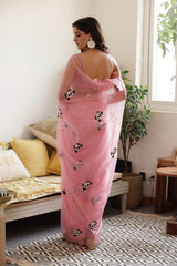 Pink Panda Hand-Embroidered Silk Organza Saree - Ensembles